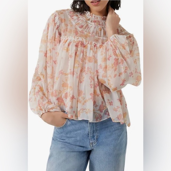 NEW FRENCH CONNECTION- Flowy Mock Neck Blouse with sheer arms in floral print - Picture 2 of 10